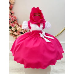 Vestido Jardineira Infantil Pink Lenço e Broche de Laço