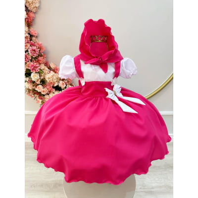Vestido Jardineira Infantil Pink Lenço e Broche de Laço