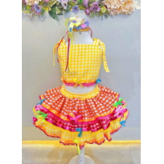Conjunto Meninas Junino Cropped C/ Saia Amarelo Xadrez Colorido