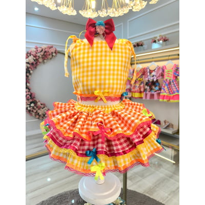Conjunto Meninas Junino Cropped C/ Saia Amarelo Xadrez Colorido