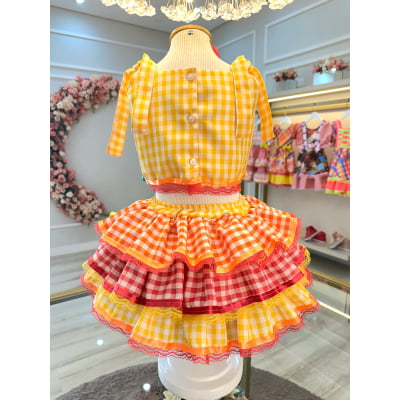 Conjunto Meninas Junino Cropped C/ Saia Amarelo Xadrez Colorido