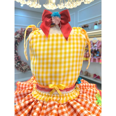 Conjunto Meninas Junino Cropped C/ Saia Amarelo Xadrez Colorido