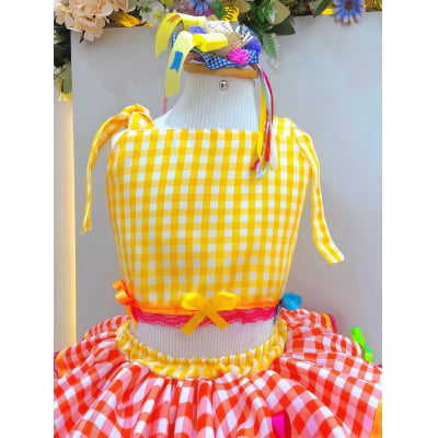 Conjunto Meninas Junino Cropped C/ Saia Amarelo Xadrez Colorido