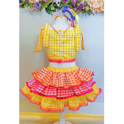 Conjunto Meninas Junino Cropped C/ Saia Amarelo Xadrez Colorido