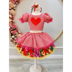 Conjunto Meninas Junino Xadrez Vermelho Com Saia Cropped