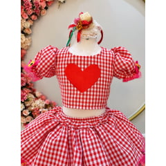 Conjunto Meninas Junino Xadrez Vermelho Com Saia Cropped