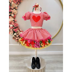 Conjunto Meninas Junino Xadrez Vermelho Com Saia Cropped