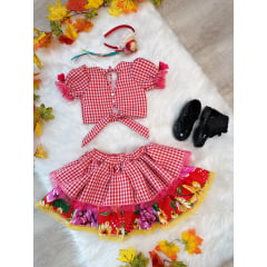 Conjunto Meninas Junino Xadrez Vermelho Com Saia Cropped