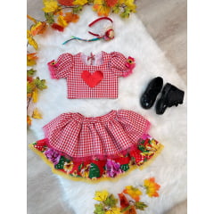 Conjunto Meninas Junino Xadrez Vermelho Com Saia Cropped