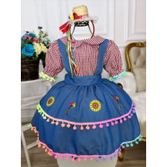 Conjunto Salopete Azul e Blusa Xadrez Marsala C/ Pompons