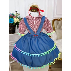 Conjunto Salopete Azul e Blusa Xadrez Marsala C/ Pompons