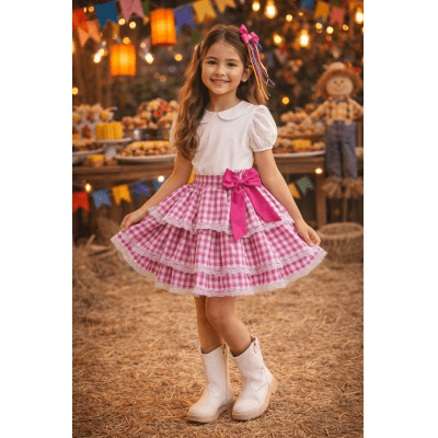 Saia Meninas Junino Arraiá Festas Pink Xadrez