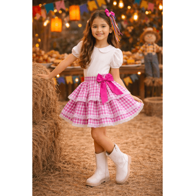 Saia Meninas Junino Arraiá Festas Pink Xadrez