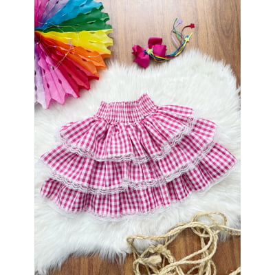 Saia Meninas Junino Arraiá Festas Pink Xadrez