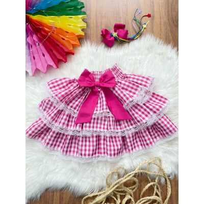 Saia Junina Arraiá Festas Pink Xadrez