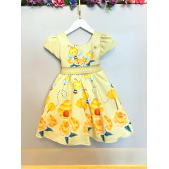 Vestido Infantil Amarelo Abelhinha Mel Florido Festas