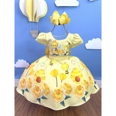 Vestido Infantil Amarelo Abelhinha Mel Florido Festas