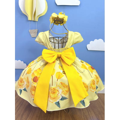 Vestido Infantil Amarelo Abelhinha Mel Florido Festas