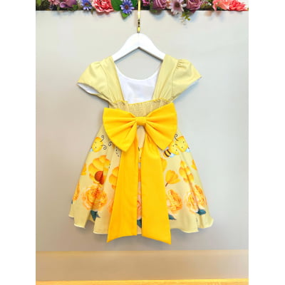Vestido Infantil Amarelo Abelhinha Mel Florido Festas