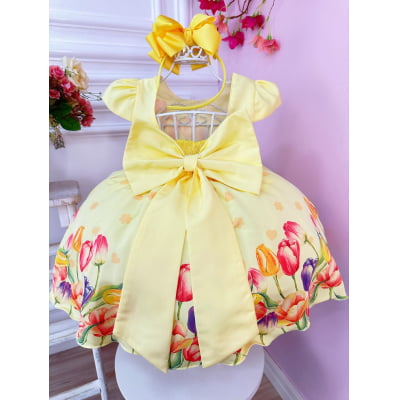 Vestido Infantil Amarelo Flores Tulipas Cinto Pérolas Luxo