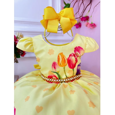 Vestido Infantil Amarelo Flores Tulipas Cinto Pérolas Luxo