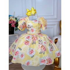 Vestido Infantil Amarelo Florido Rosas C/ Cinto Pérolas Luxo