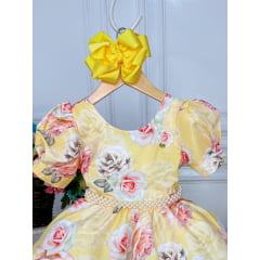 Vestido Infantil Amarelo Florido Rosas C/ Cinto Pérolas Luxo
