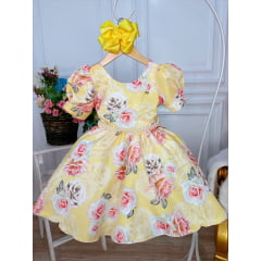 Vestido Infantil Amarelo Florido Rosas C/ Cinto Pérolas Luxo