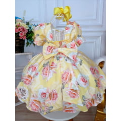 Vestido Infantil Amarelo Florido Rosas C/ Cinto Pérolas Luxo