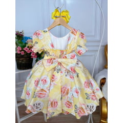 Vestido Infantil Amarelo Florido Rosas C/ Cinto Pérolas Luxo