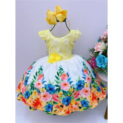 Vestido Infantil Amarelo Renda Jardim Broche Flor Strass