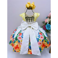 Vestido Infantil Amarelo Renda Jardim Broche Flor Strass