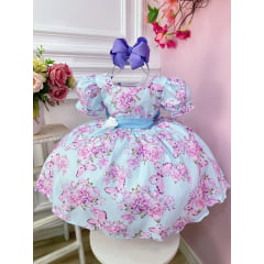 Vestido Infantil Azul Bebê Jardim das Borboletas C/ Broche