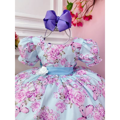 Vestido Infantil Azul Bebê Jardim das Borboletas C/ Broche