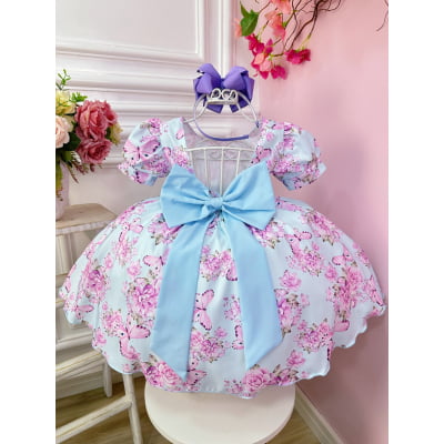 Vestido Infantil Azul Bebê Jardim das Borboletas C/ Broche
