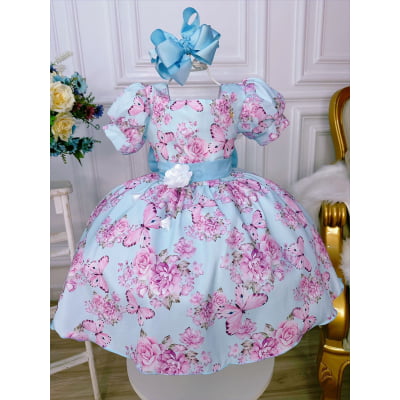 Vestido Infantil Azul Bebê Jardim das Borboletas C/ Broche