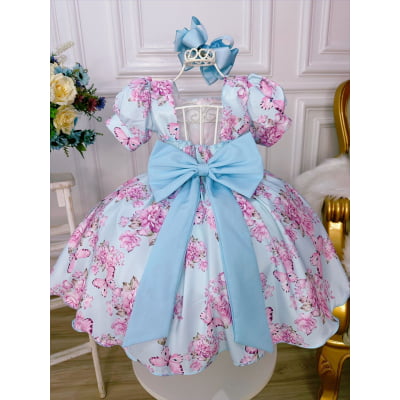 Vestido Infantil Azul Bebê Jardim das Borboletas C/ Broche