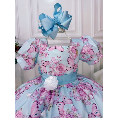Vestido Infantil Azul Bebê Jardim das Borboletas C/ Broche