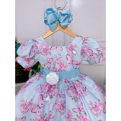 Vestido Infantil Azul Bebê Jardim das Borboletas C/ Broche
