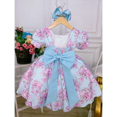 Vestido Infantil Azul Bebê Jardim das Borboletas C/ Broche