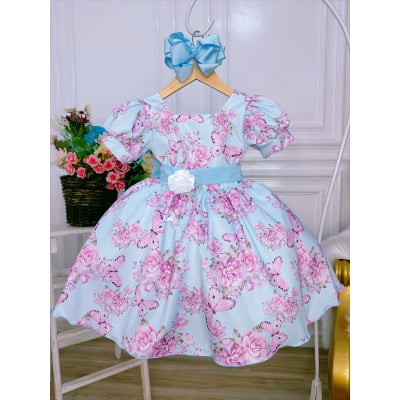 Vestido Infantil Azul Bebê Jardim das Borboletas C/ Broche