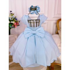 Vestido Infantil Azul C/ Aplique de Flores e Broche Luxo