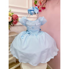 Vestido Infantil Azul C/ Aplique de Flores e Broche Luxo