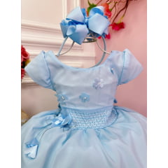 Vestido Infantil Azul C/ Aplique de Flores e Broche Luxo