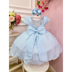 Vestido Infantil Azul C/ Aplique de Flores e Broche Luxo