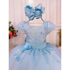 Vestido Infantil Azul C/ Aplique de Flores e Broche Luxo