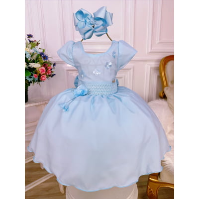 Vestido Infantil Azul C/ Aplique de Flores e Broche Luxo