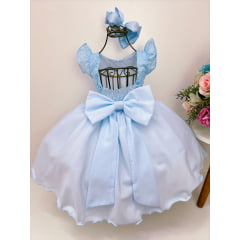 Vestido Infantil Azul C/ Renda Pérolas e Strass Luxo
