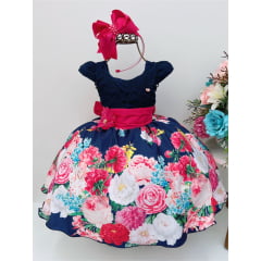 Vestido Infantil Azul Escuro Renda Jardim Broche Flor Strass