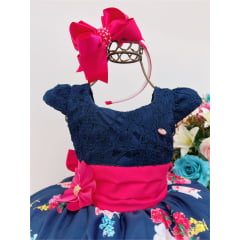 Vestido Infantil Azul Escuro Renda Jardim Broche Flor Strass